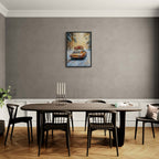 Merry Christmas - Winter Drive - Poster displayed in a modern dining room with a wooden table and black chairs.