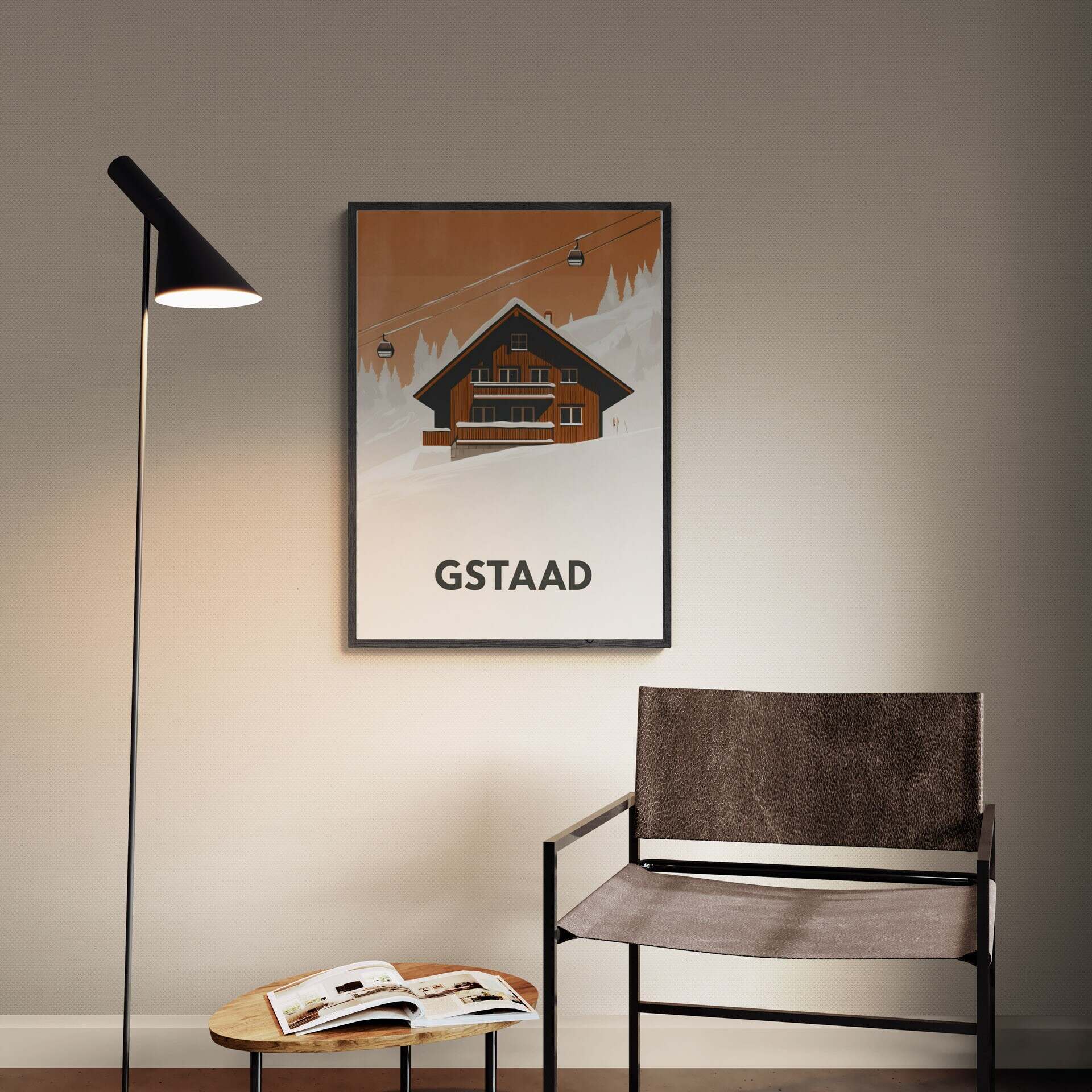 Gstaad – Alpine Chalet Escape - Poster displayed in a modern interior with a lamp and chair.