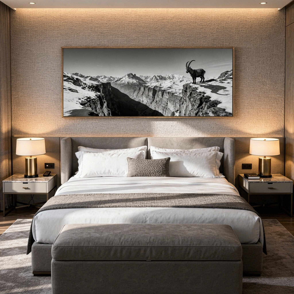 Alpine Ibex Horizon – Alu-Dibond wall art above a modern bedroom showcasing a solitary ibex and dramatic mountain scenery.