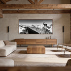 Alpine Ibex Horizon – Alu-Dibond wall art showcasing a solitary ibex against a dramatic mountain backdrop.