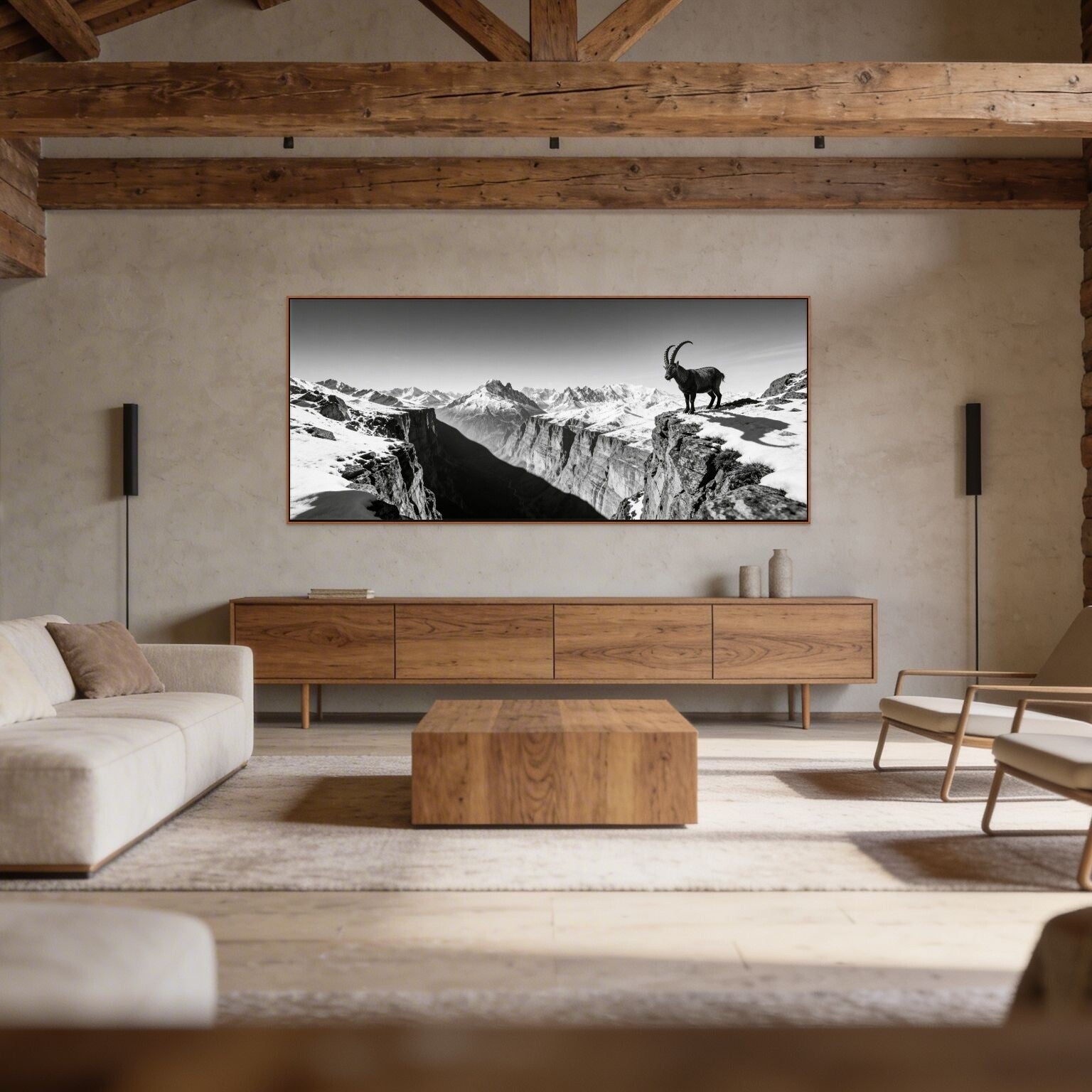 Alpine Ibex Horizon – Alu-Dibond wall art showcasing a solitary ibex against a dramatic mountain backdrop.