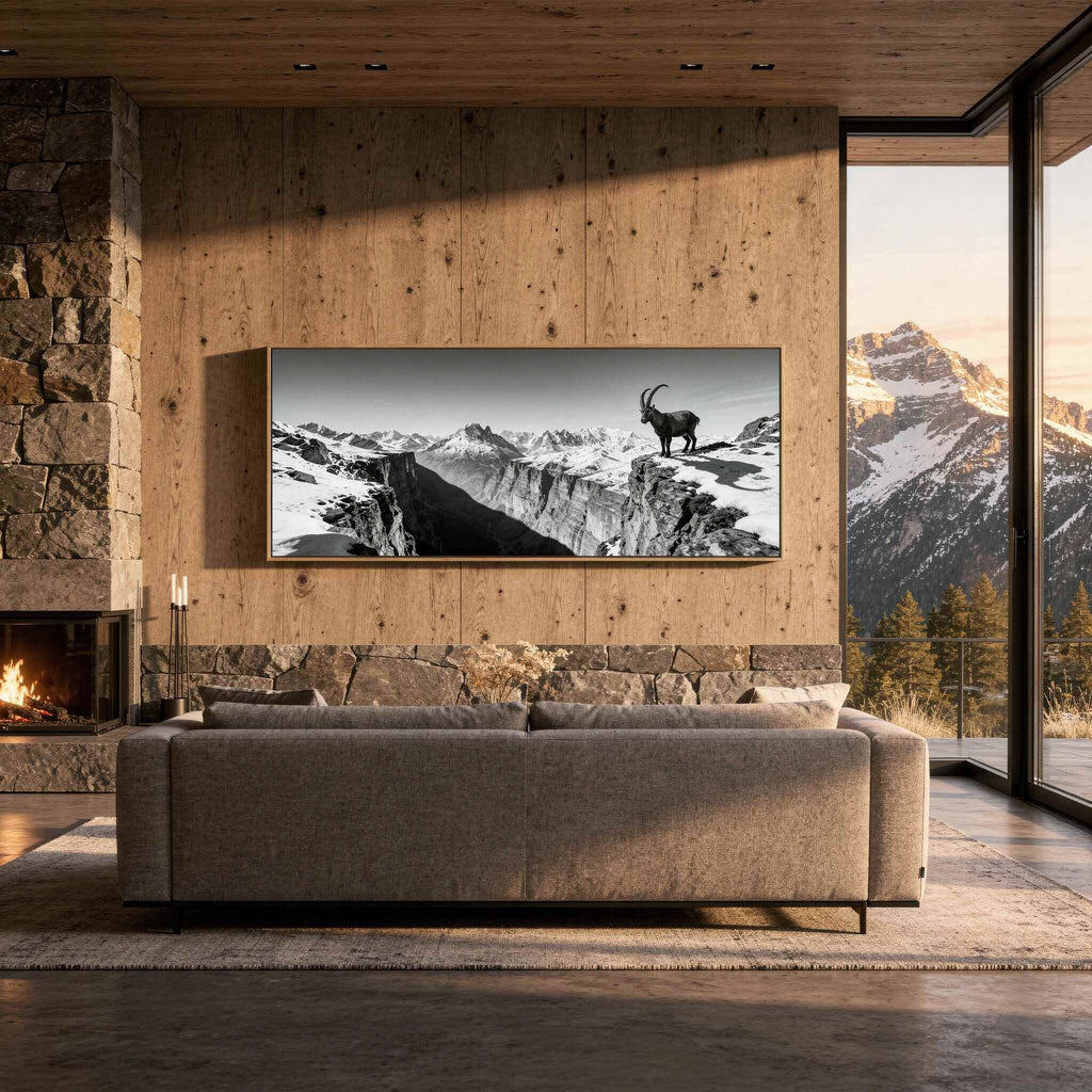 Alpine Ibex Horizon – Alu-Dibond wall art of an ibex on a mountain edge in a modern living room setting.