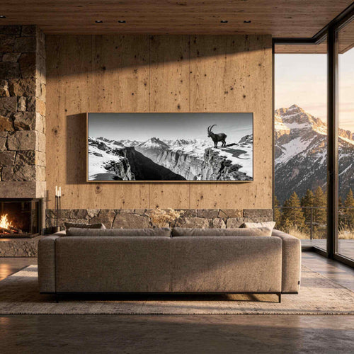 Alpine Ibex Horizon – Alu-Dibond wall art of an ibex on a mountain edge in a modern living room setting.
