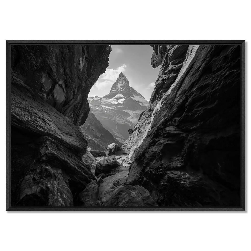 Passage to the Matterhorn – Alu-Dibond wall art featuring a rocky passage leading to the Matterhorn in black and white.