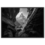 Passage to the Matterhorn – Alu-Dibond wall art featuring a rocky passage leading to the Matterhorn in black and white.