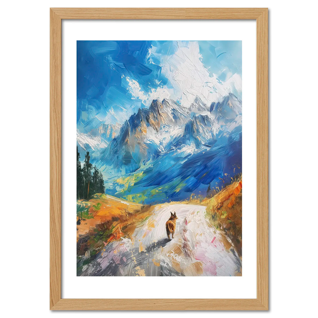 Path to Beauty - Poster showing a mountain path and dog under a blue sky, evoking peace and nature.