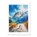 Path to Beauty - Poster featuring a serene mountain path and a dog under a blue sky with dramatic peaks.