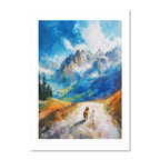 Path to Beauty - Poster featuring a serene mountain path and a dog under a blue sky with dramatic peaks.