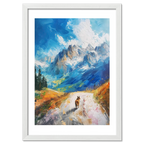 Path to Beauty - Poster featuring a dog walking along a mountain path under a blue sky with dramatic peaks.
