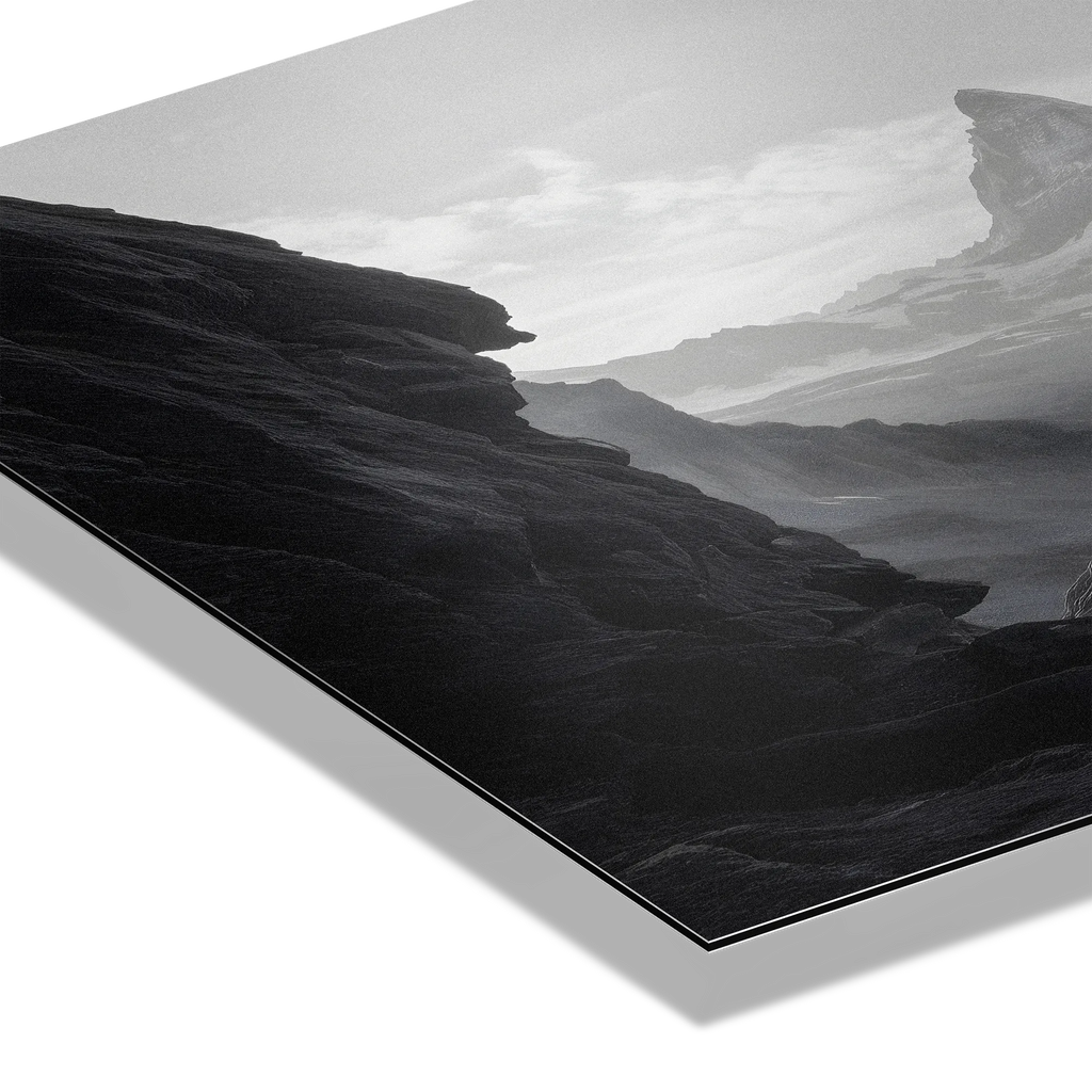 Path to the Matterhorn – Alu-Dibond wall art showcasing rugged alpine rock and a distant peak in fine art quality.