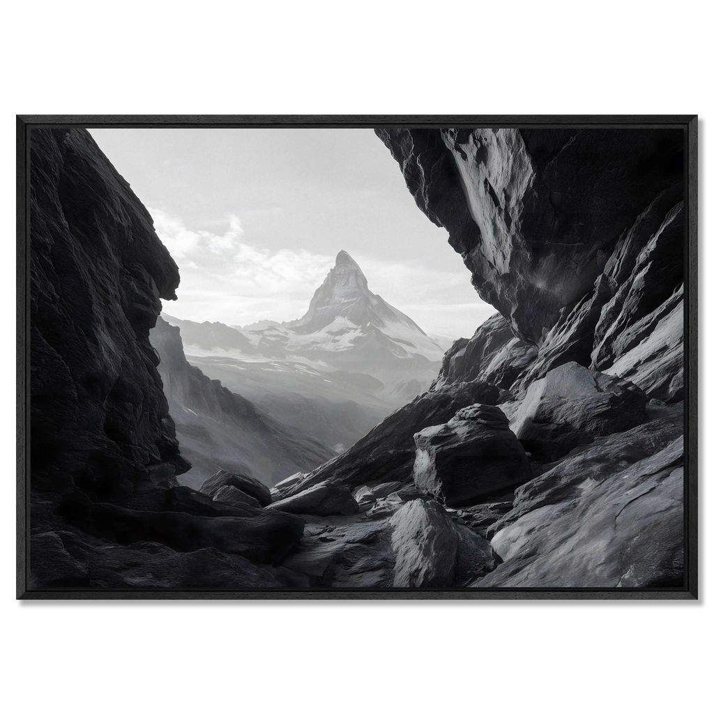 Path to the Matterhorn – Alu-Dibond wall art depicting the iconic Matterhorn framed by alpine rock in black and white.