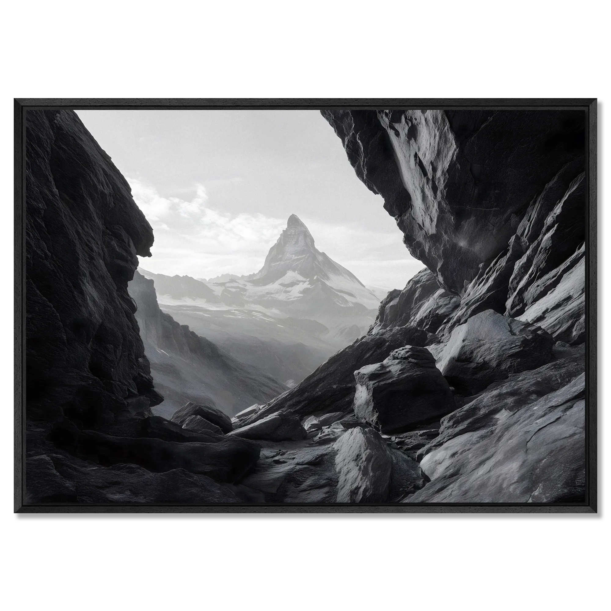 Path to the Matterhorn – Alu-Dibond wall art depicting the iconic Matterhorn framed by alpine rock in black and white.