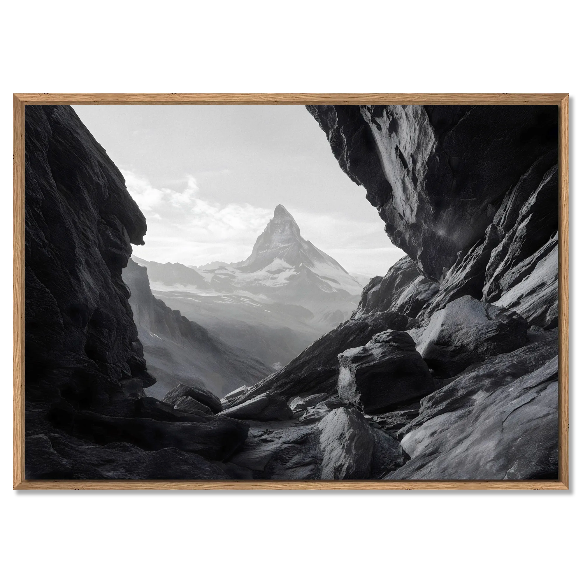 Path to the Matterhorn – Alu-Dibond wall art showcasing the iconic mountain framed by rugged alpine rocks.