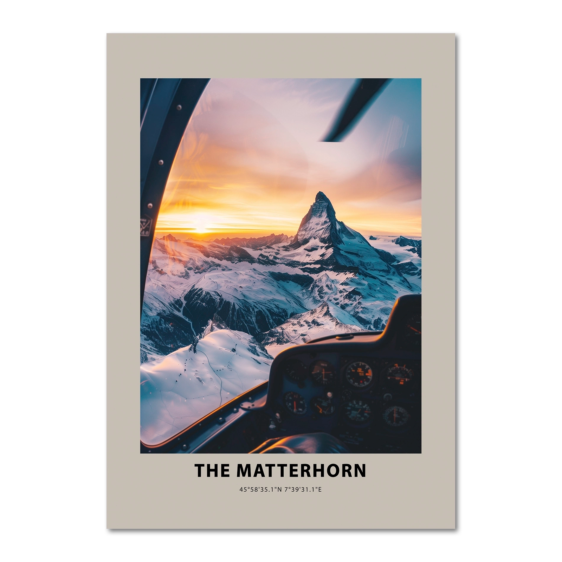 Poster of The Matterhorn with a helicopter view at sunset.