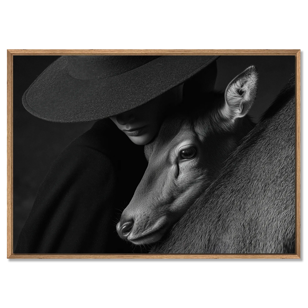 Quiet Bond of an Alpine Deer – Alu-Dibond wall art featuring a human figure and an alpine deer in a tender moment.