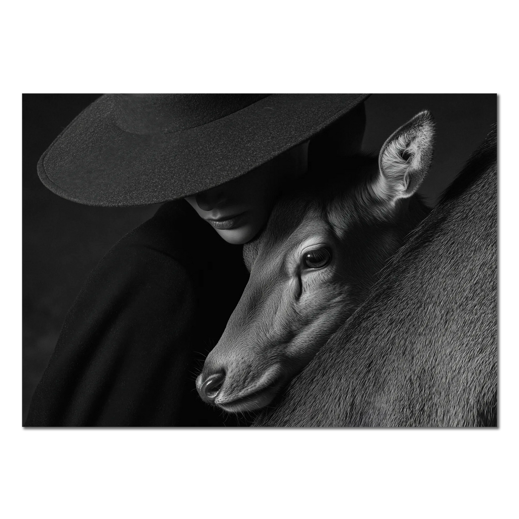 Quiet Bond of an Alpine Deer – Alu-Dibond wall art featuring a human figure embracing an alpine deer.
