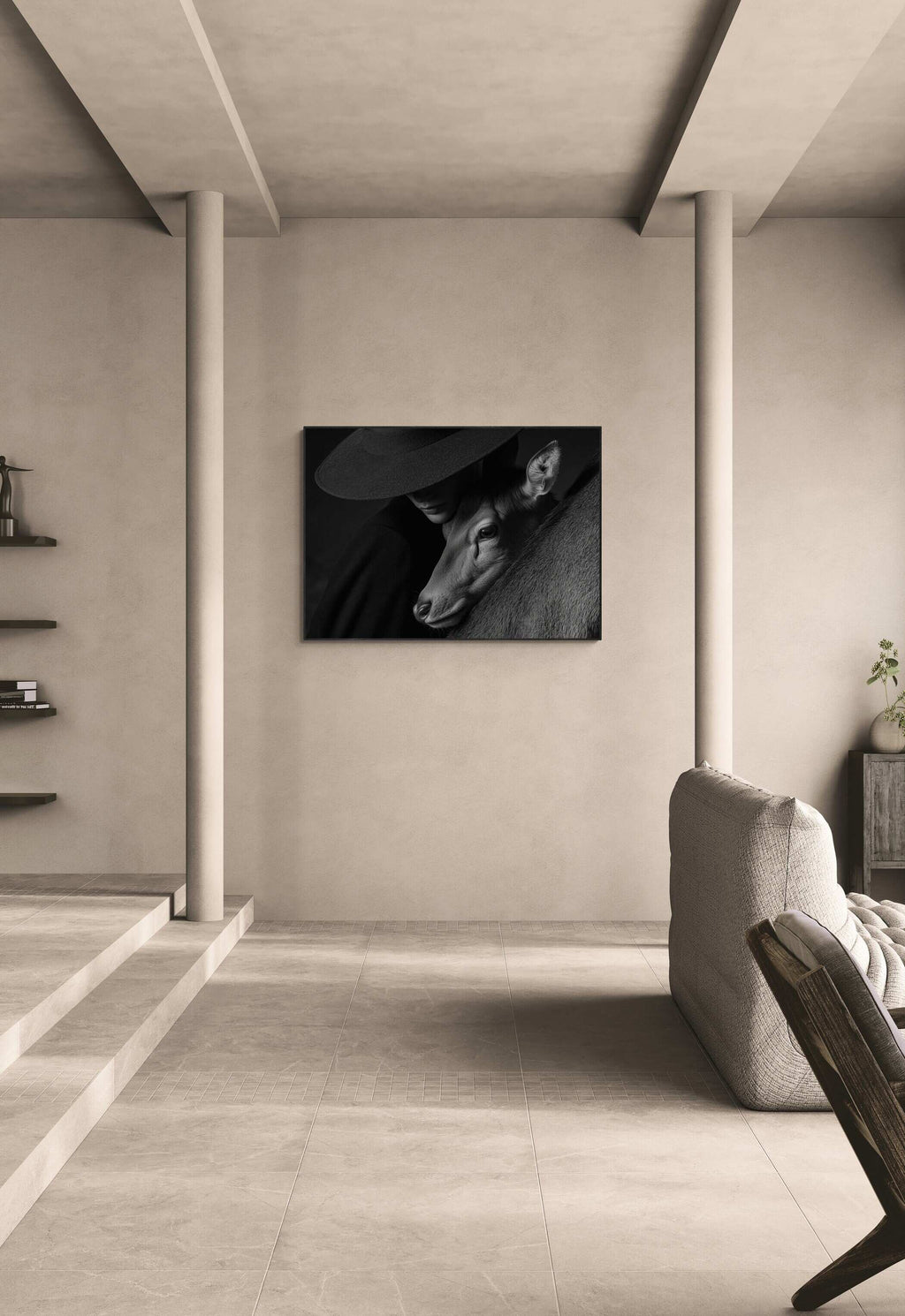 Quiet Bond of an Alpine Deer – Alu-Dibond wall art displayed in a modern living room setting.