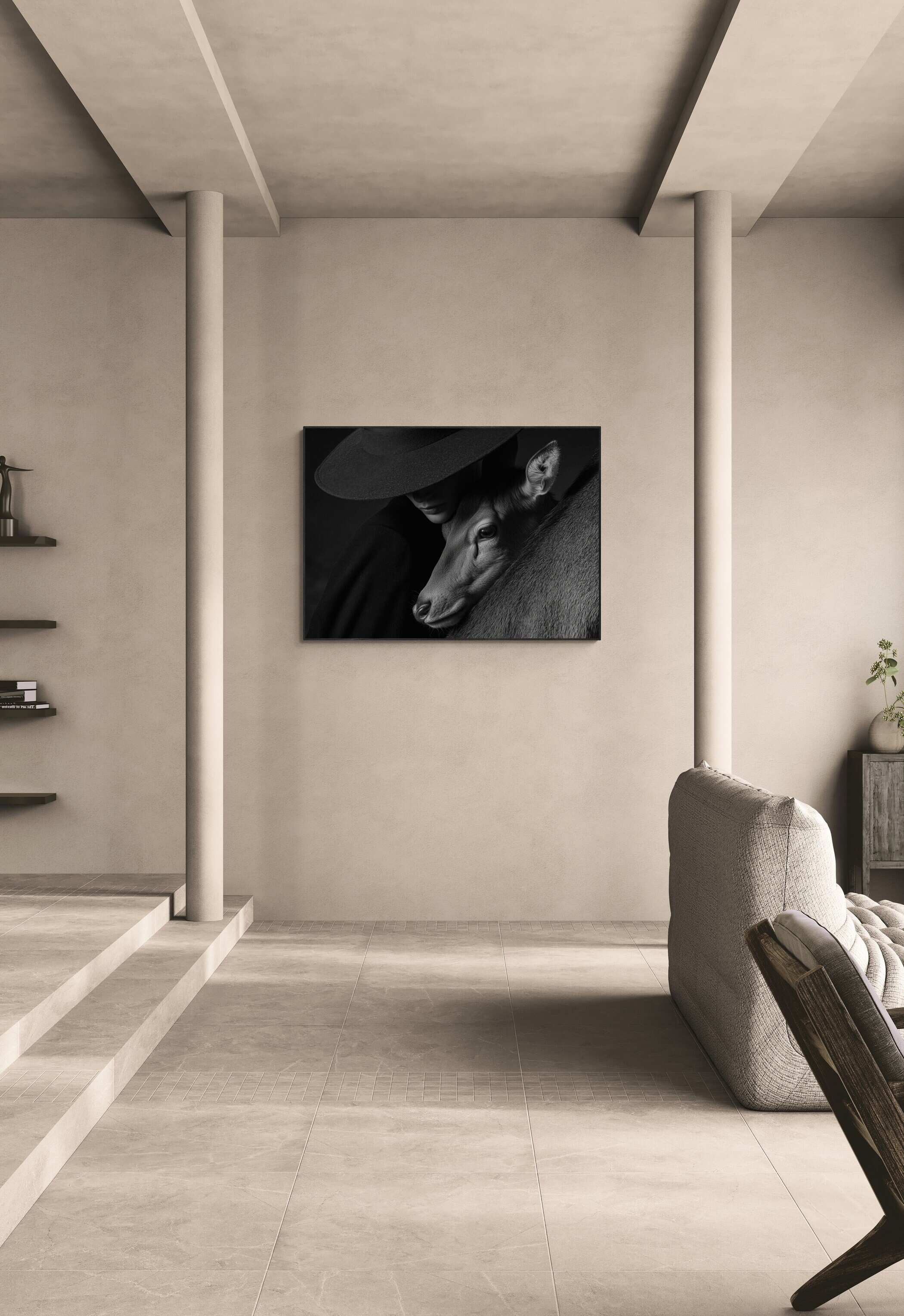 Quiet Bond of an Alpine Deer – Alu-Dibond wall art displayed in a modern living room setting.