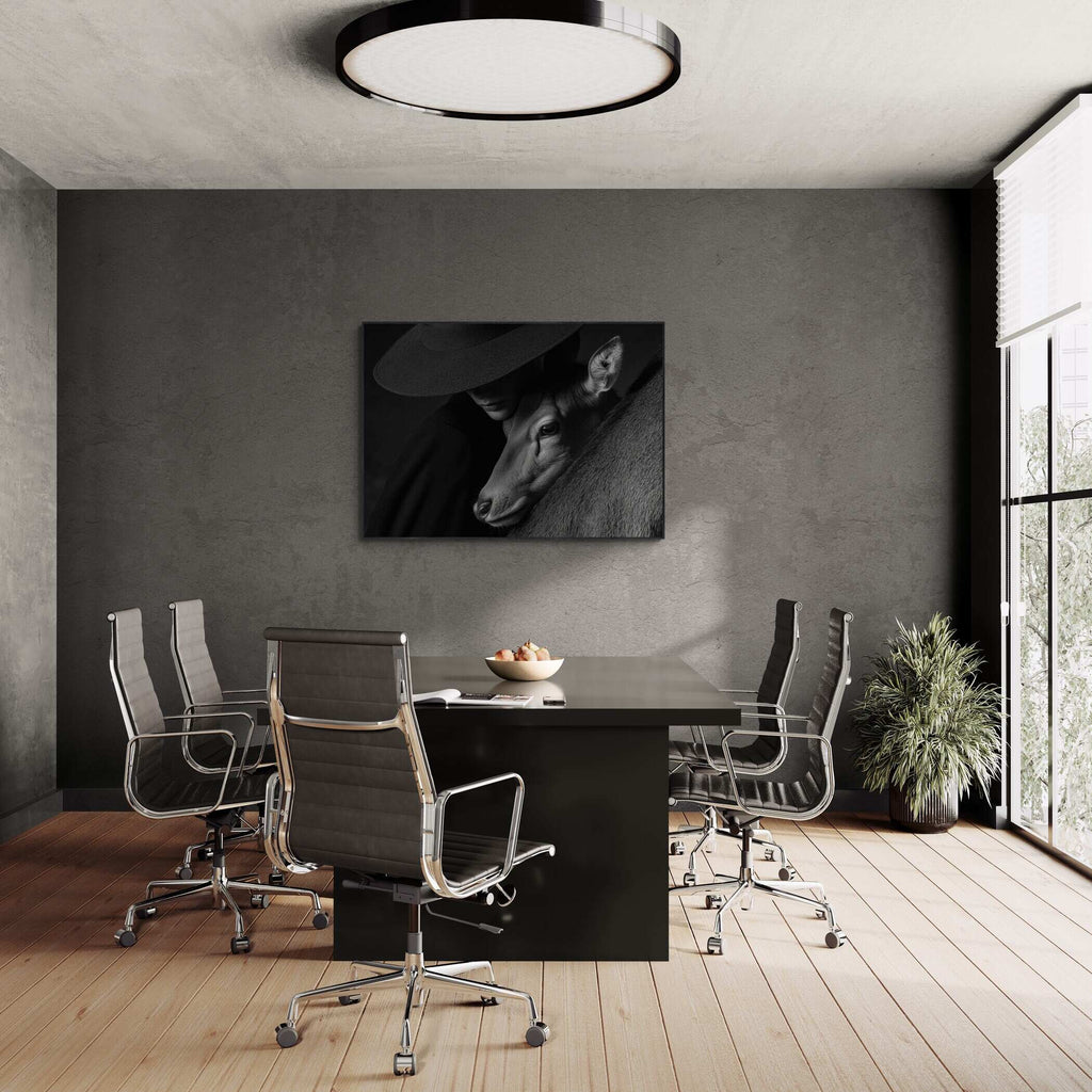 Quiet Bond of an Alpine Deer – Alu-Dibond wall art displayed in a modern conference room with minimalist decor.