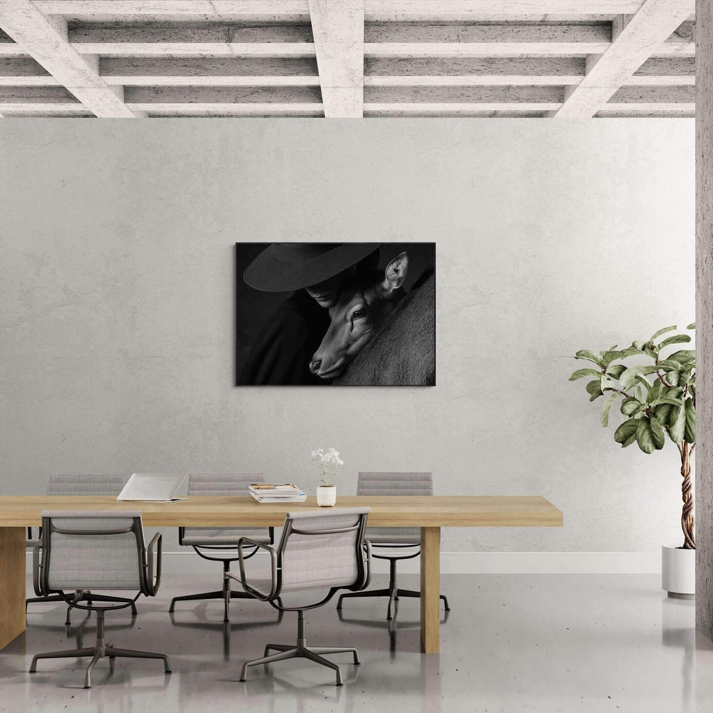 Quiet Bond of an Alpine Deer – Alu-Dibond wall art displayed in a modern conference room.