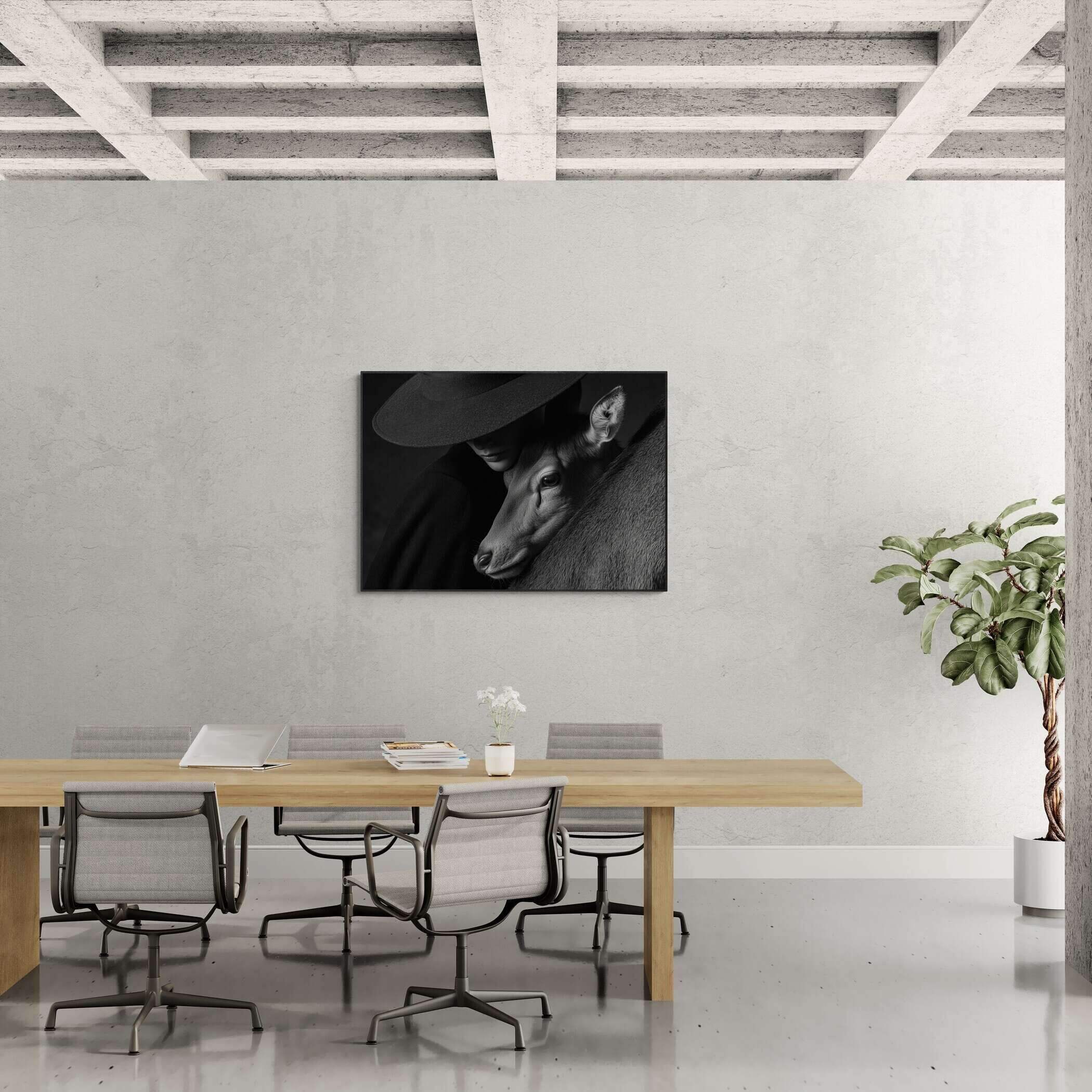 Quiet Bond of an Alpine Deer – Alu-Dibond wall art displayed in a modern conference room.
