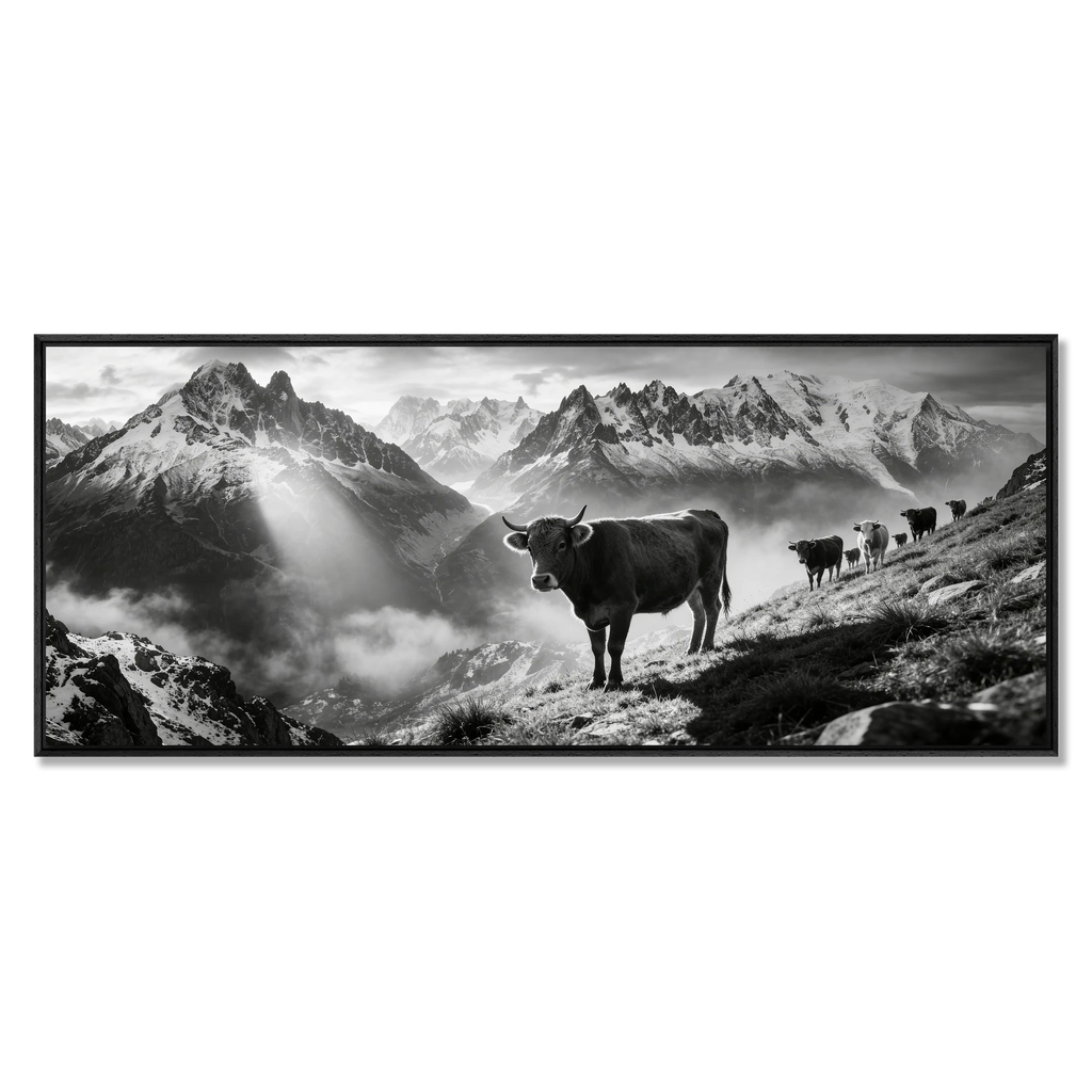 Silent Alpine Presence – Alu-Dibond wall art depicting cows on a mountain slope with a serene alpine backdrop.