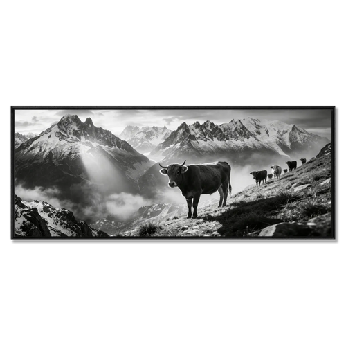 Silent Alpine Presence – Alu-Dibond wall art depicting cows on a mountain slope with a serene alpine backdrop.