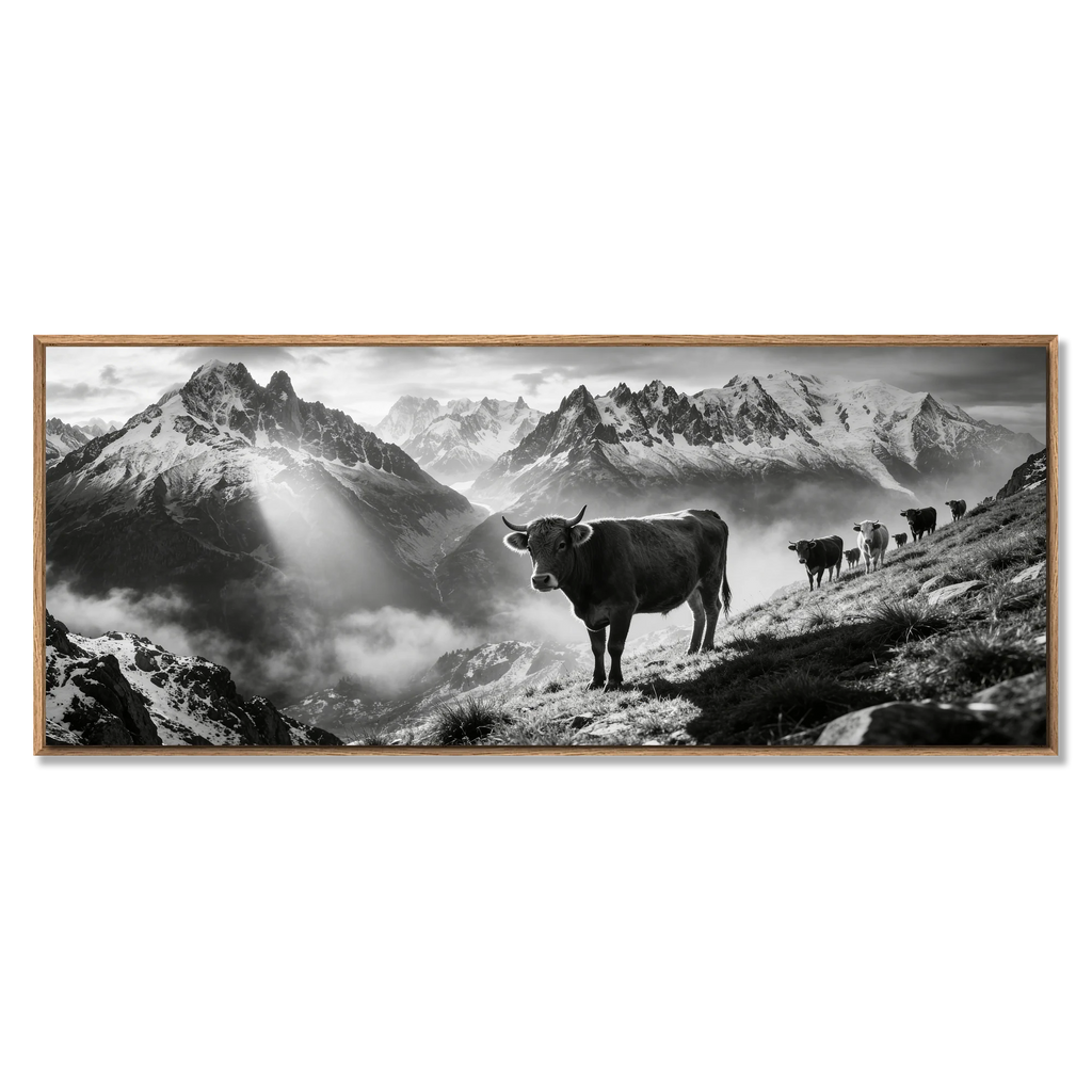 Silent Alpine Presence – Alu-Dibond wall art featuring a cow on a mountain slope with dramatic alpine scenery.