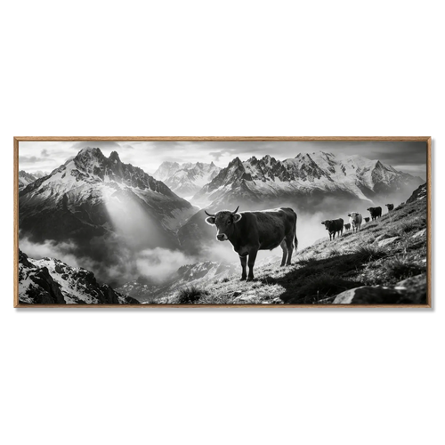 Silent Alpine Presence – Alu-Dibond wall art featuring a cow on a mountain slope with dramatic alpine scenery.