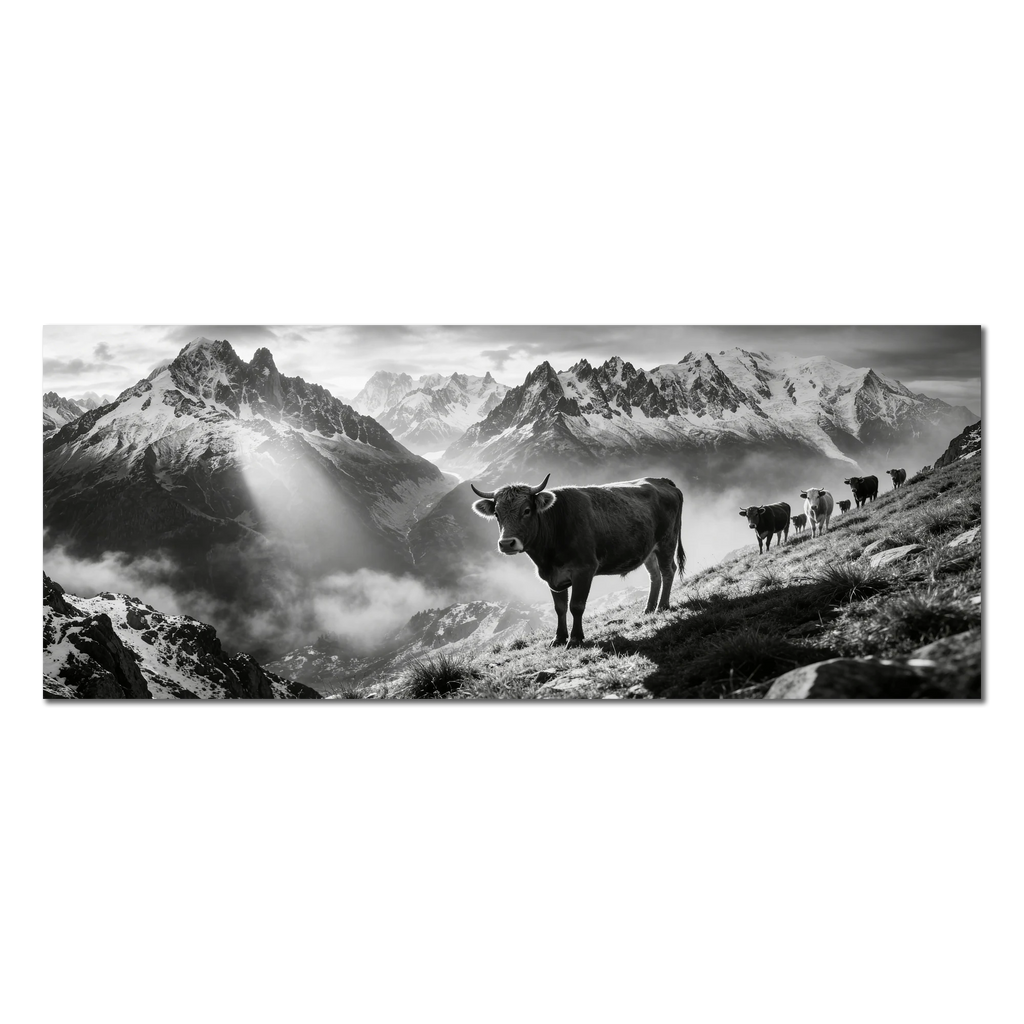 Silent Alpine Presence – Alu-Dibond wall art featuring a herd of cows on a mountain slope.