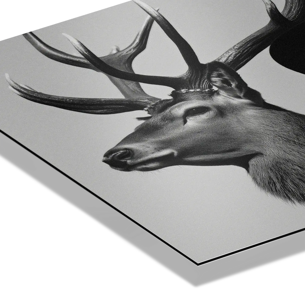 Silent Dialogue Woman and Deer – Alu-Dibond wall art featuring a majestic deer in striking monochrome.