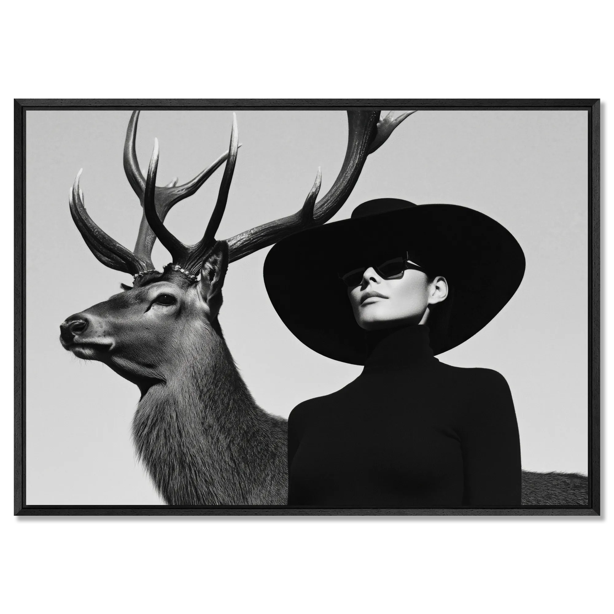 Silent Dialogue Woman and Deer – Alu-Dibond wall art featuring a striking woman and deer in monochrome.