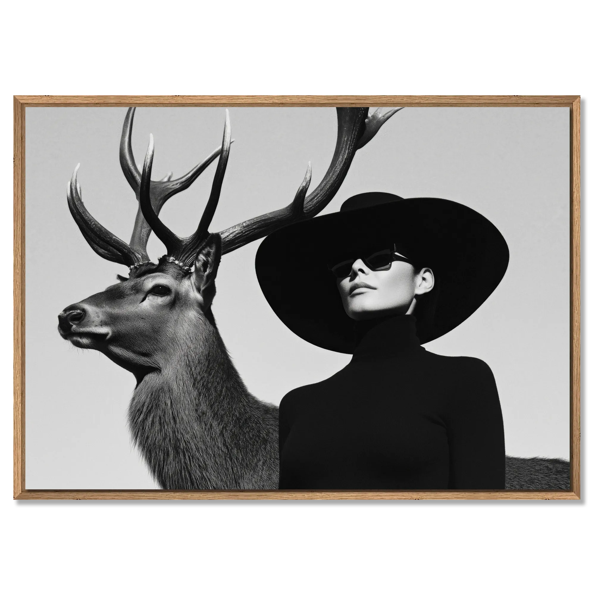 Silent Dialogue Woman and Deer – Alu-Dibond wall art featuring a striking contrast of a deer and a stylish woman.