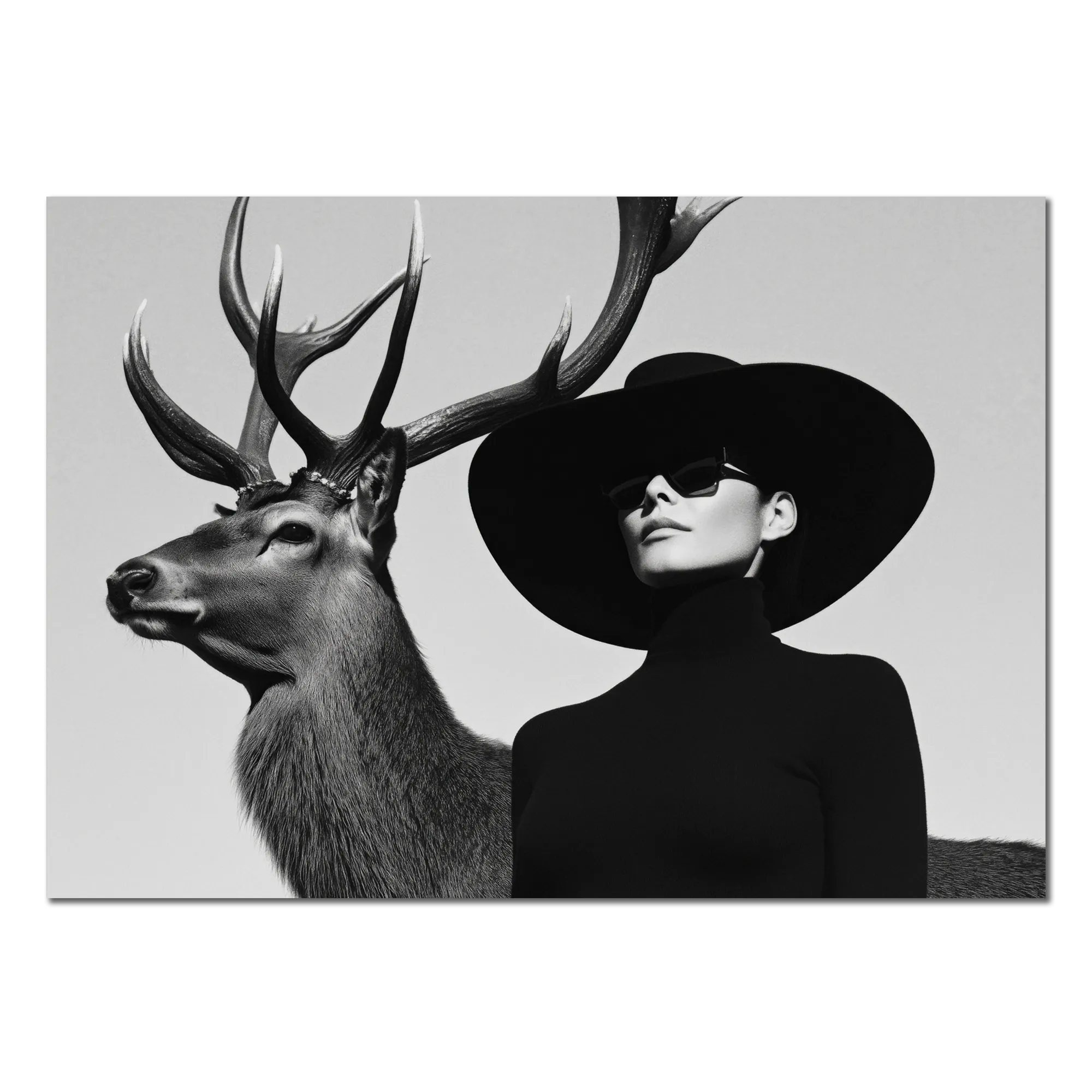 Silent Dialogue Woman and Deer – Alu-Dibond wall art featuring a striking contrast between a deer and a woman.