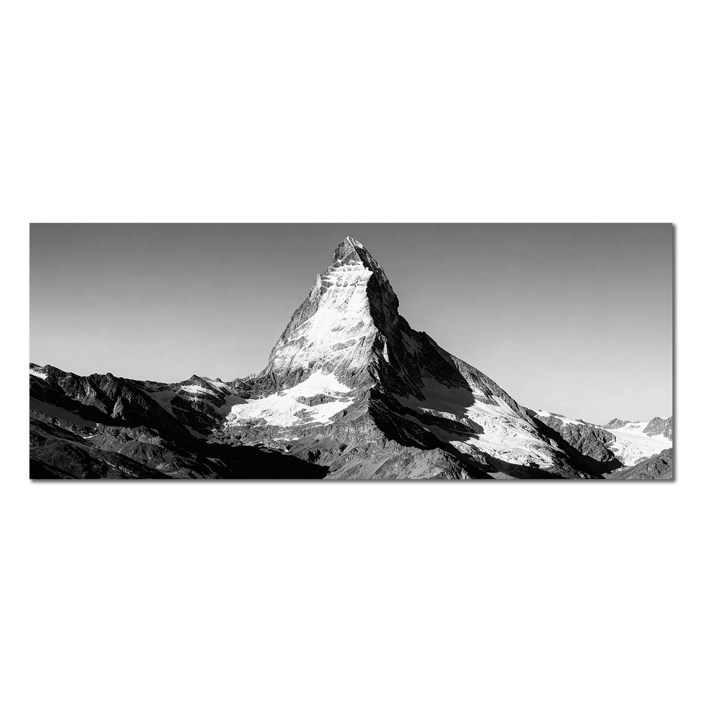 Silent Matterhorn Rise – Alu-Dibond wall art featuring a striking black-and-white image of the Matterhorn.