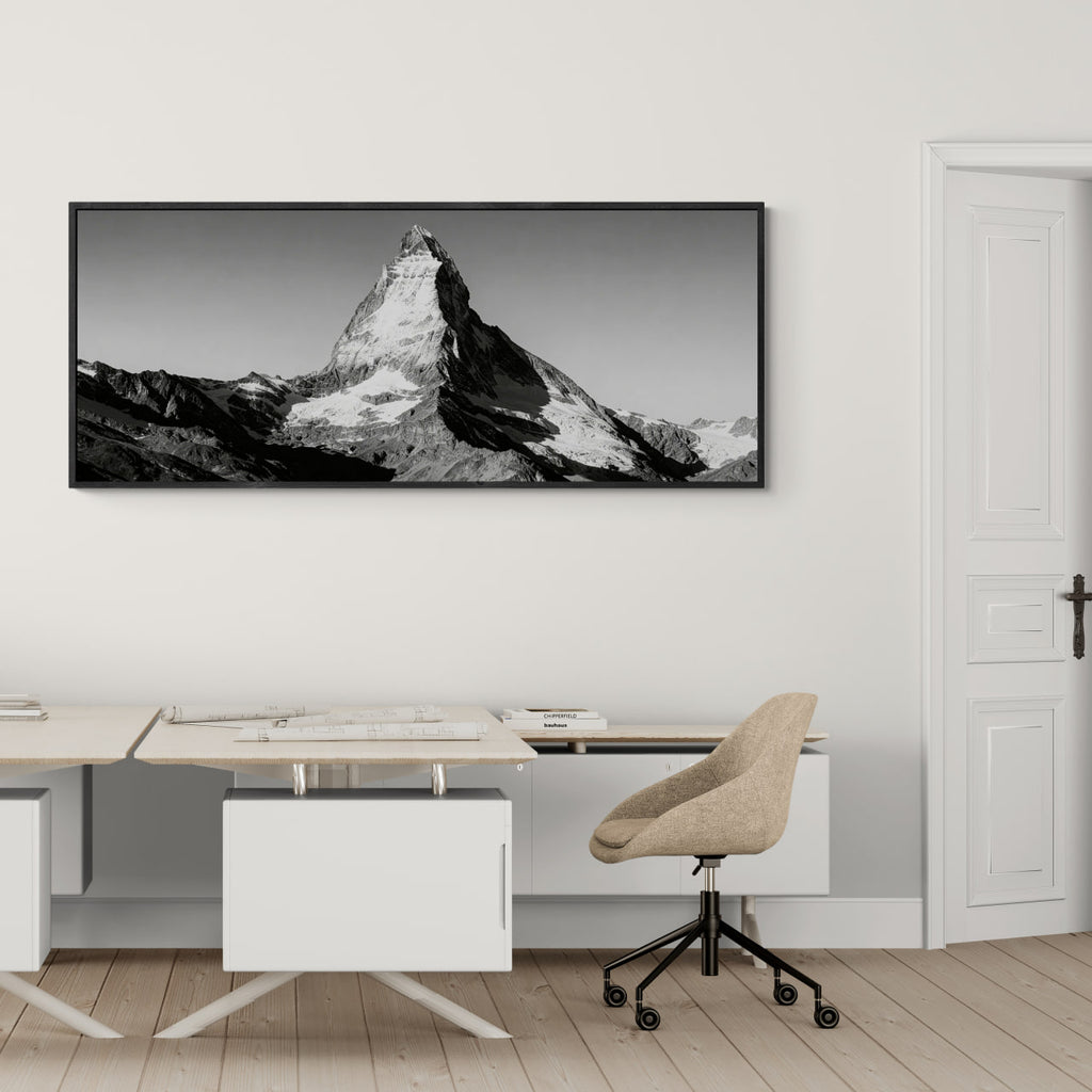 Silent Matterhorn Rise – Alu-Dibond wall art showcased above a modern desk in an elegant interior.