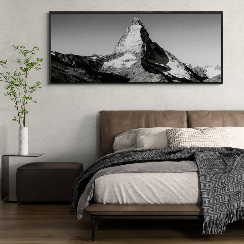 Silent Matterhorn Rise – Alu-Dibond wall art displayed above a modern bed in a stylish bedroom setting.