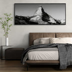 Silent Matterhorn Rise – Alu-Dibond wall art displayed above a modern bed in a stylish bedroom setting.