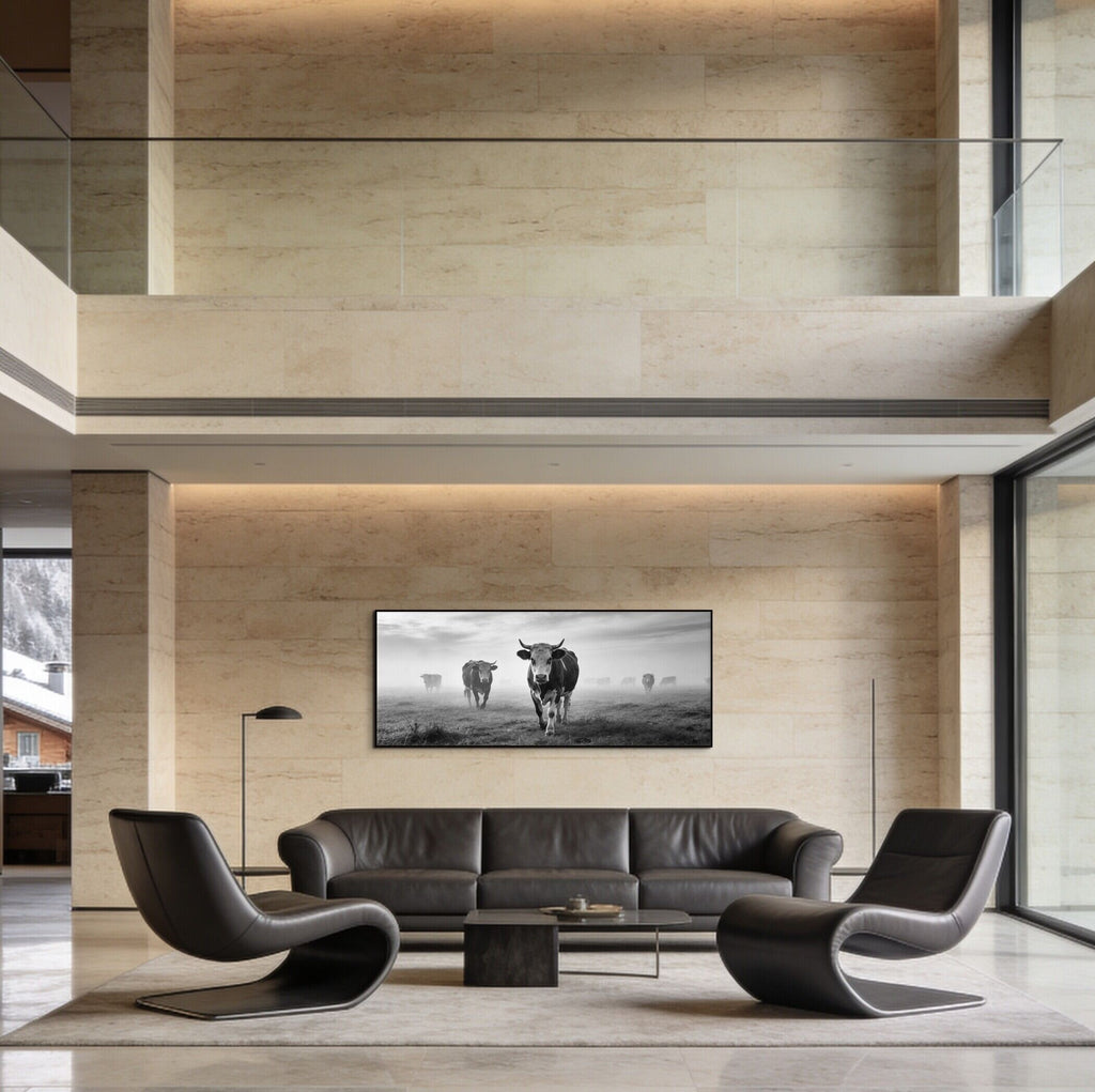 Silent Mountain Cows – Alu-Dibond wall art displayed in a modern living room with stylish furniture.