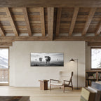 Silent Mountain Cows – Alu-Dibond wall art displayed in a cozy mountain cabin interior.