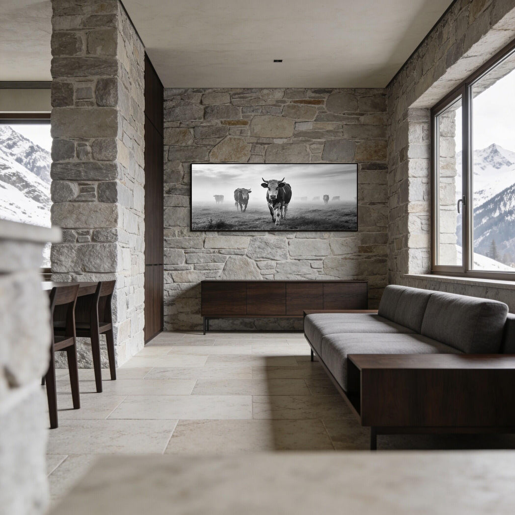 Silent Mountain Cows – Alu-Dibond wall art displayed in a modern alpine living room with stone walls.