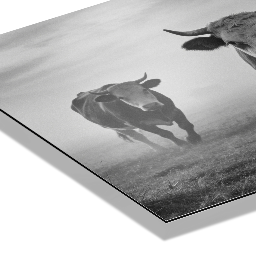 Silent Mountain Cows – Alu-Dibond wall art featuring a close-up of cows in a misty landscape.