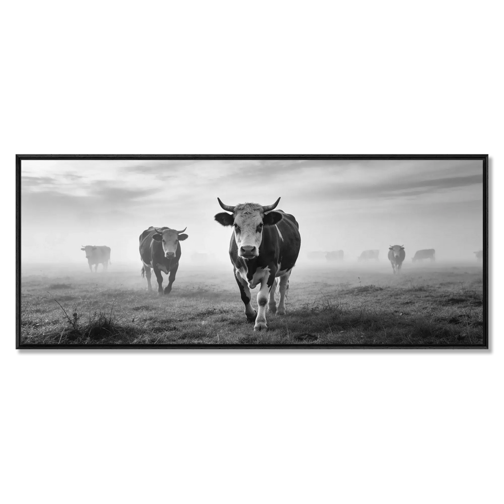 Silent Mountain Cows – Alu-Dibond wall art featuring Alpine cows in a misty landscape.
