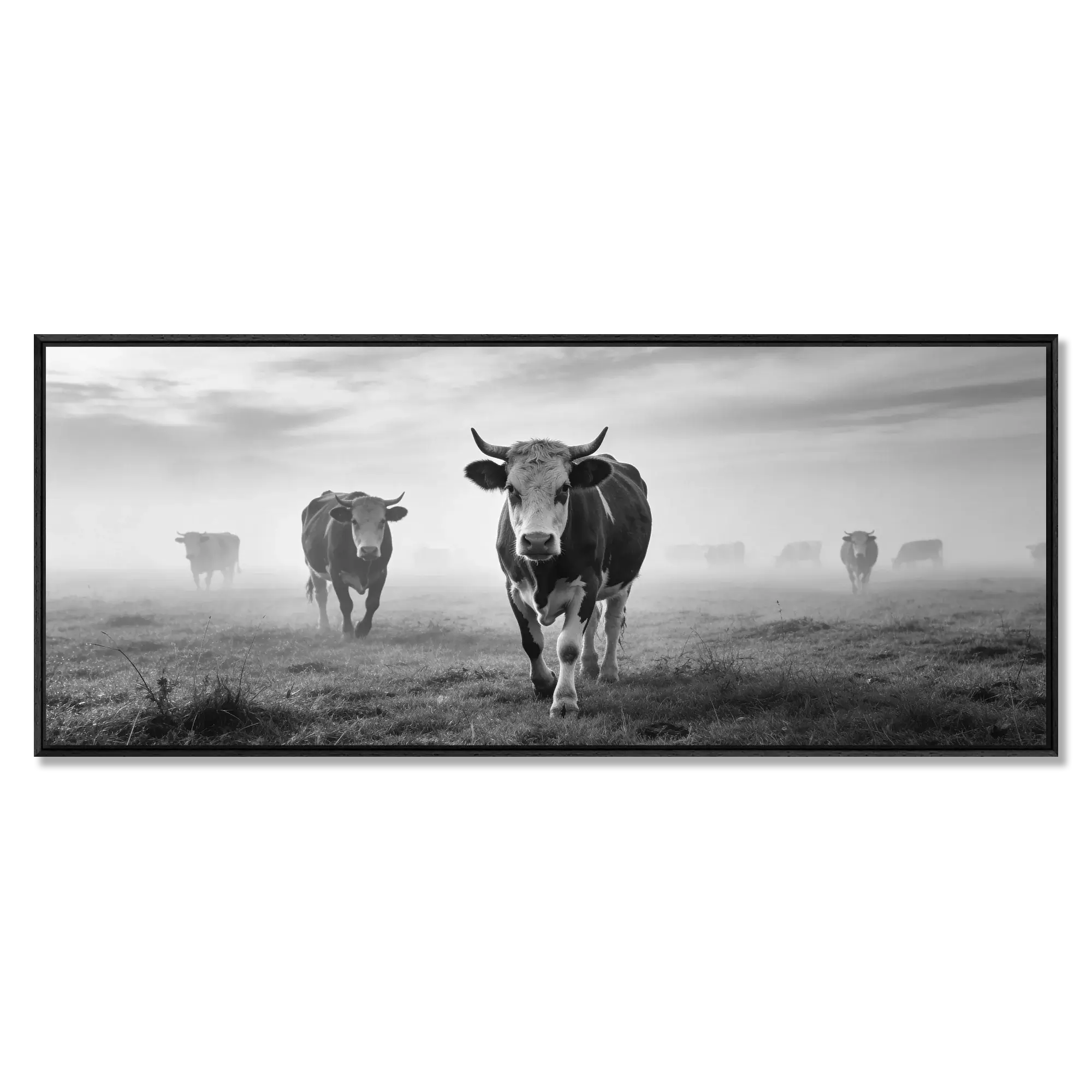 Silent Mountain Cows – Alu-Dibond wall art featuring Alpine cows in a misty landscape.