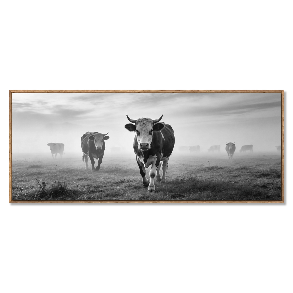 Silent Mountain Cows – Alu-Dibond wall art featuring atmospheric black-and-white cows in misty landscape