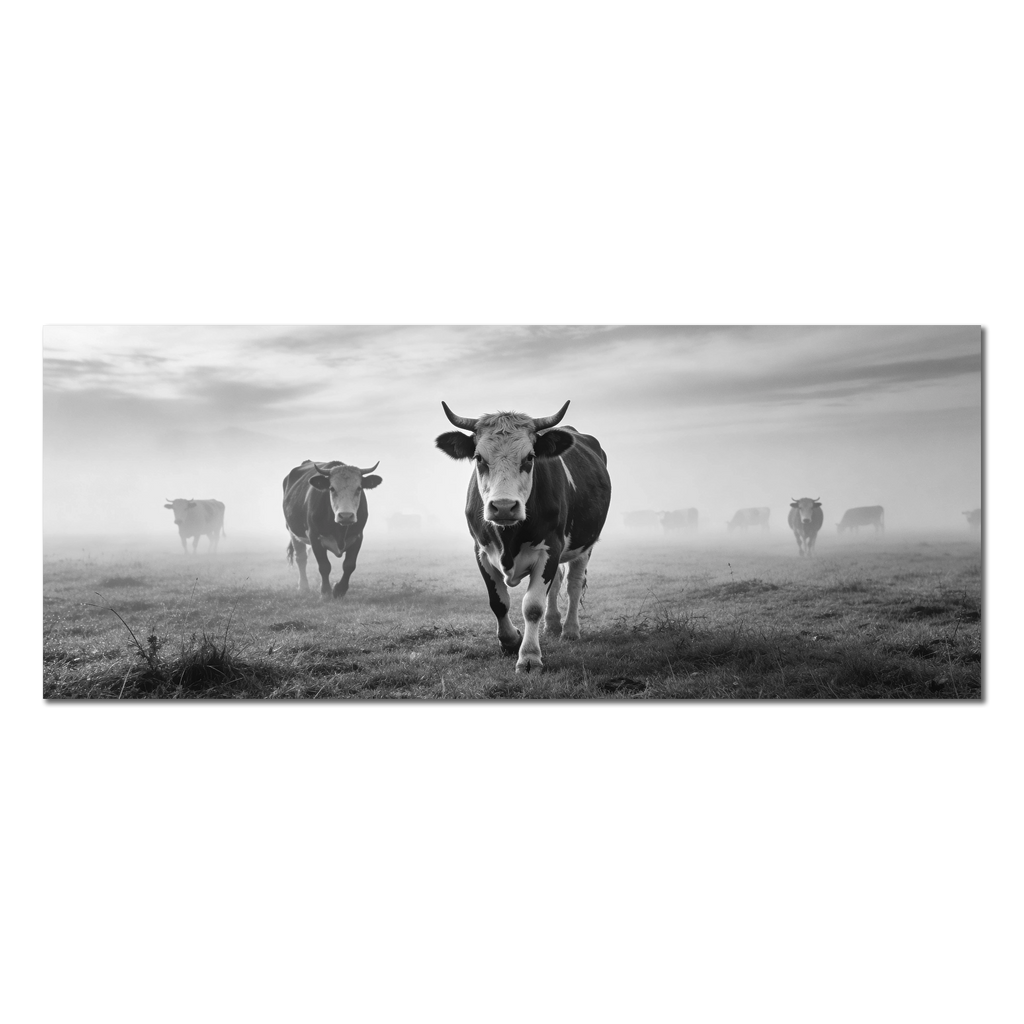 Silent Mountain Cows – Alu-Dibond wall art featuring Alpine cows in a misty landscape.