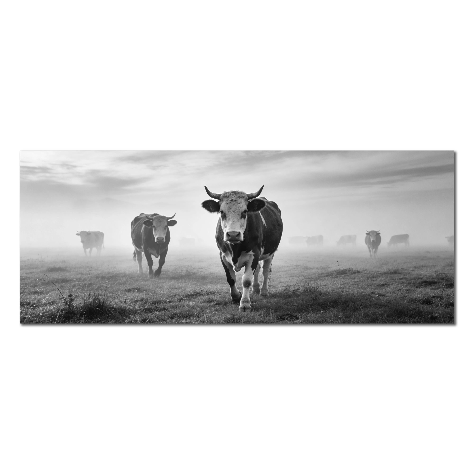 Silent Mountain Cows – Alu-Dibond wall art featuring Alpine cows in a misty landscape.