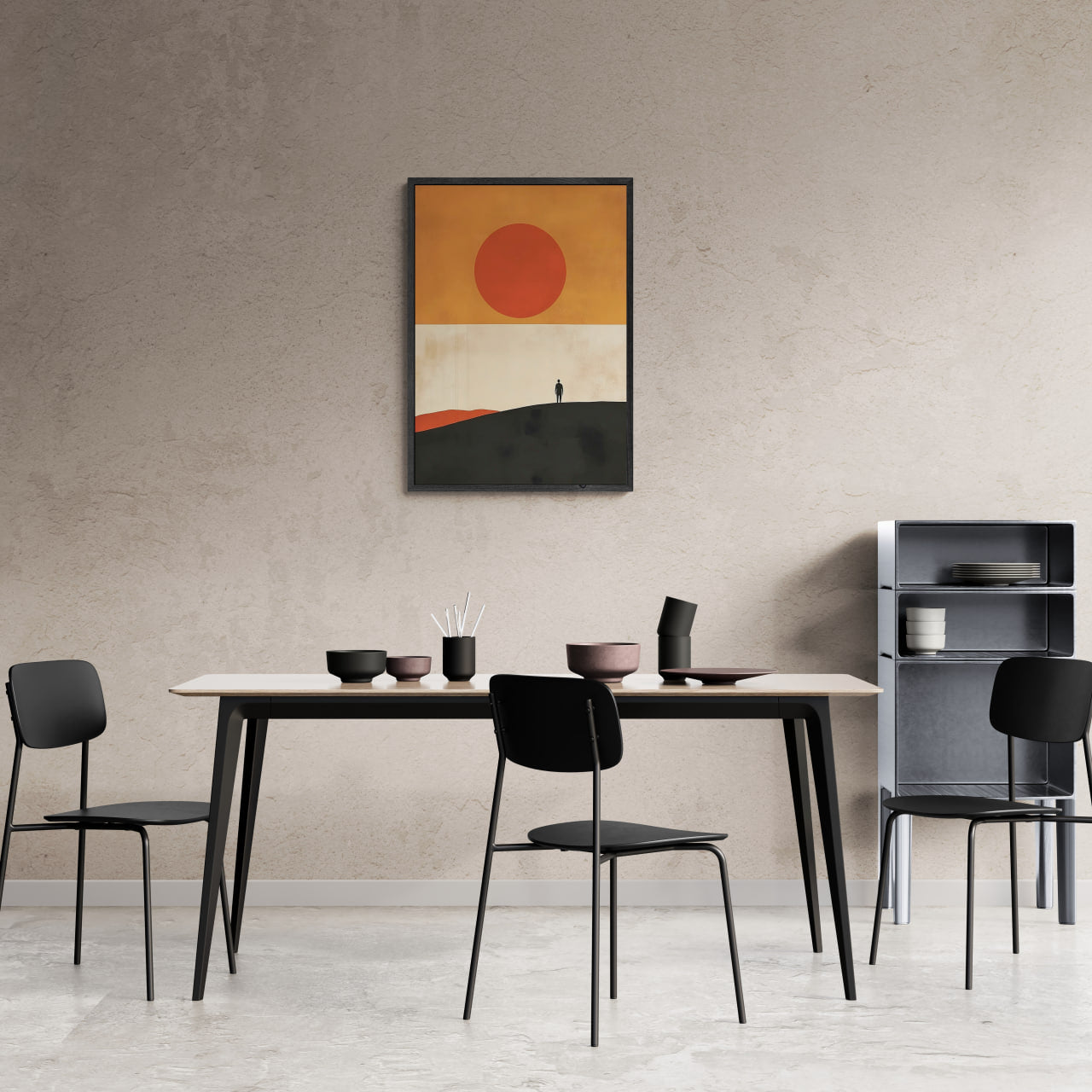 Solitude and the Sun - Poster displayed in a modern dining area with minimal decor.