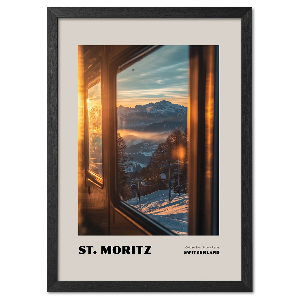 St. Moritz - Golden Sun, Snowy Peaks - Poster showcasing sunset over Alps seen through train window.