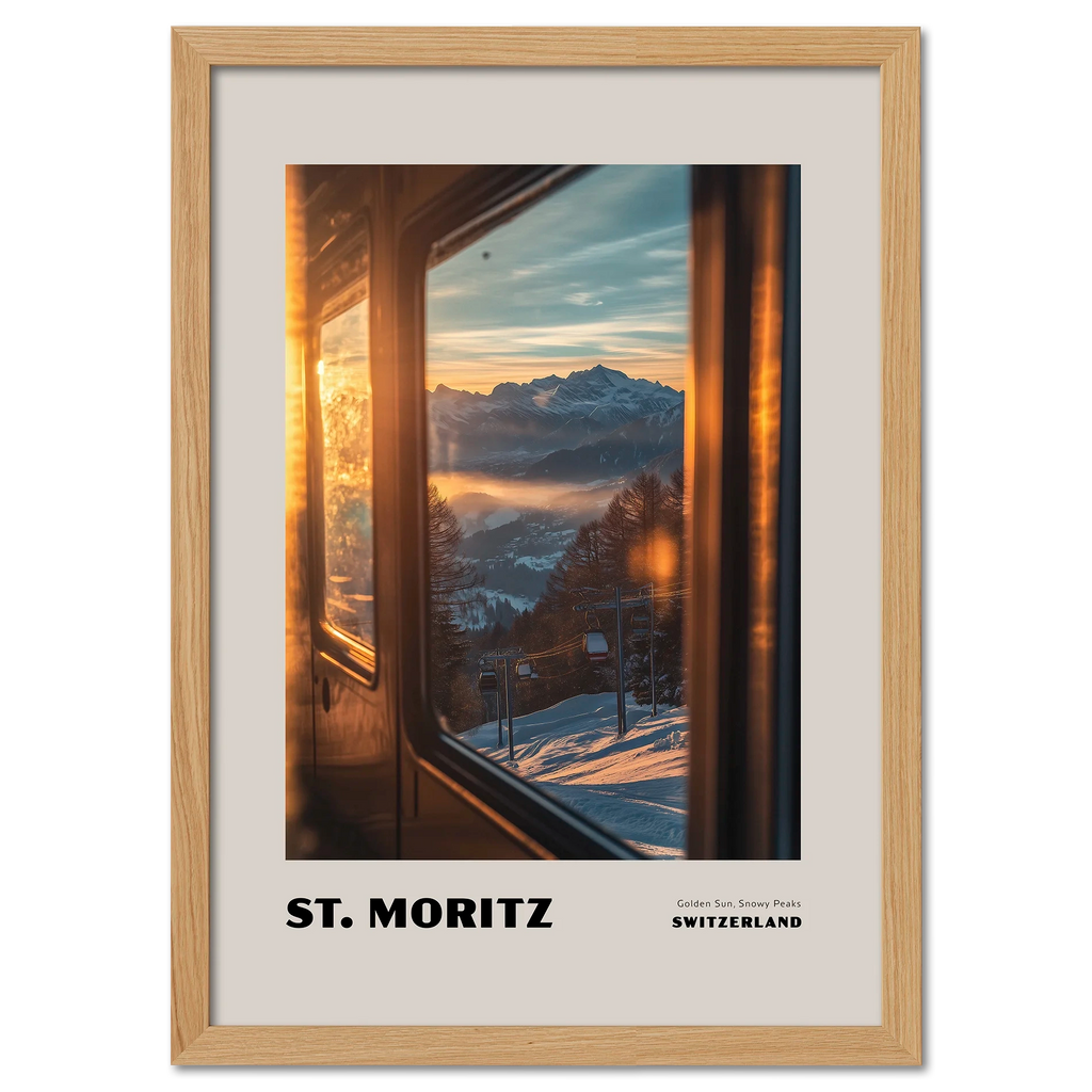 St. Moritz - Golden Sun, Snowy Peaks - Poster showcasing golden sunset over Alps through train window.